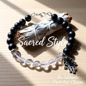 Positivity - Faith - Blessings! Hamsa Hand + Quartz - Black Stone Bracelet